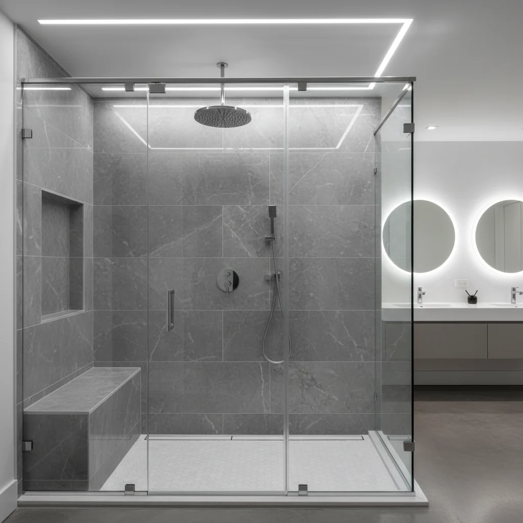 A luxurious, modern walk-in shower featuring seamless gray marble-patterned acrylic wall panels and high-end chrome hardware. The shower has a clear glass enclosure and a built-in corner bench. The bathroom is brightly lit with a clean, contemporary Chicago design aesthetic. No text, no free-standing bathtubs.